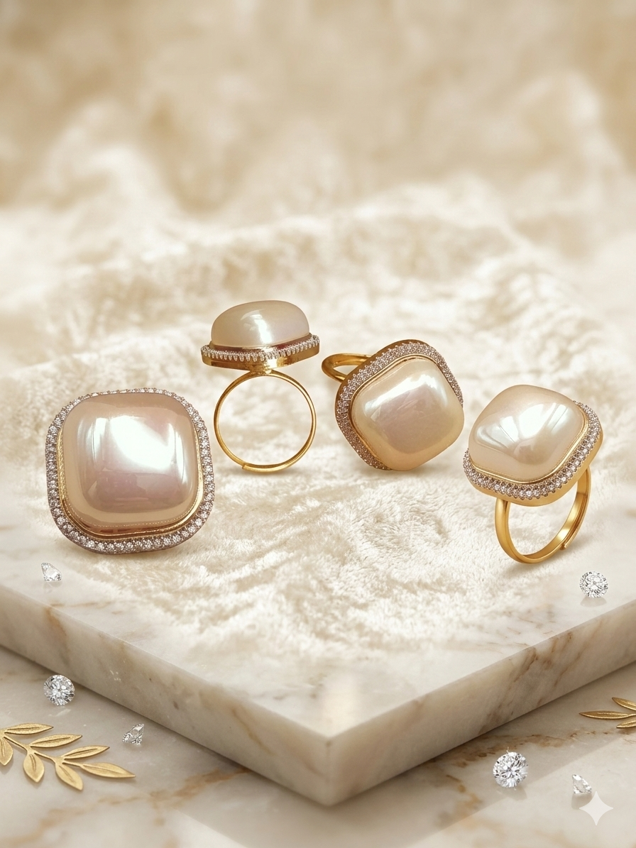 Gold Plated_Off White Pearl Studded Ring