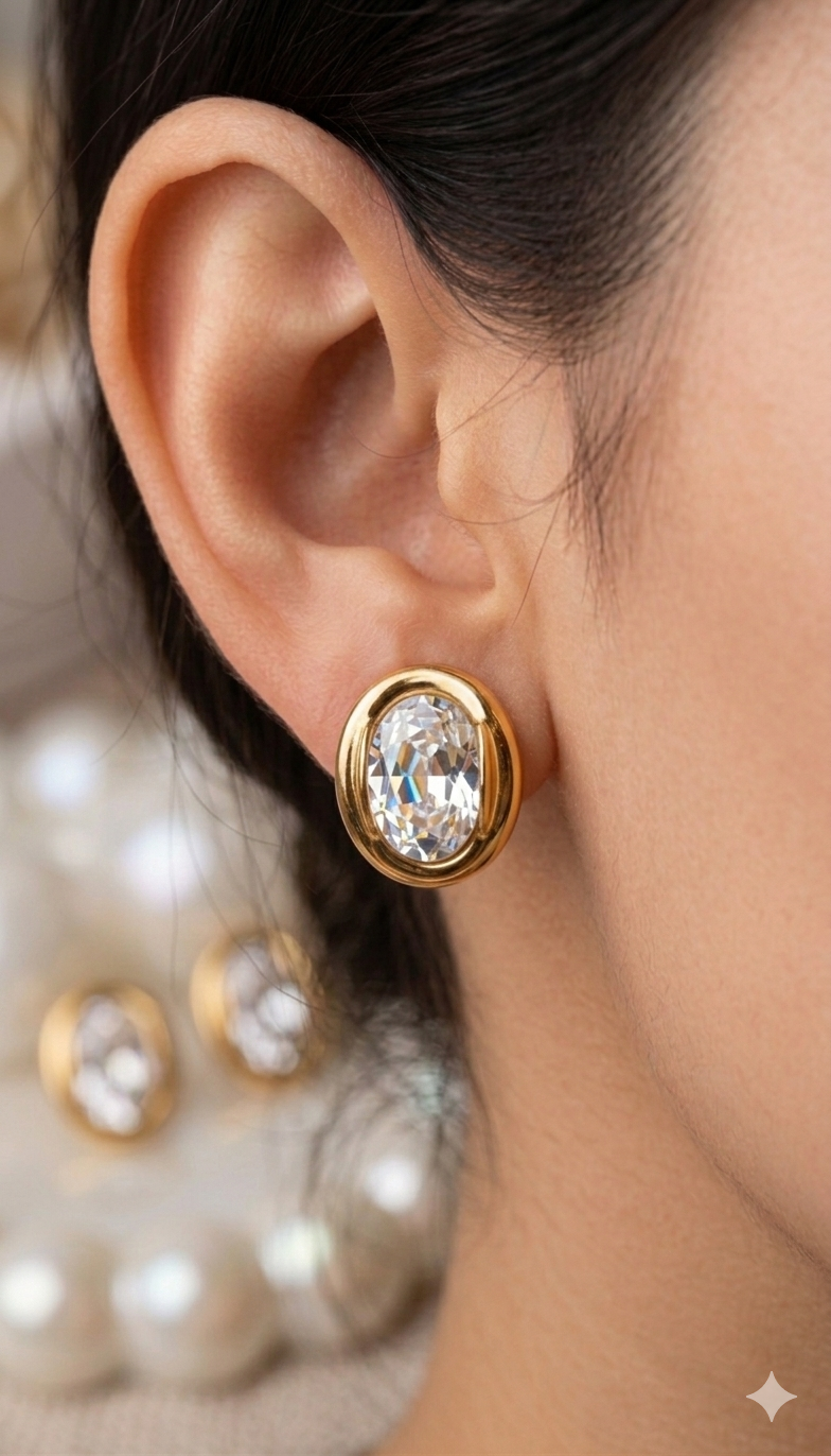 Anti Tarnish_Oval-shaped faceted stones Stud Earrings