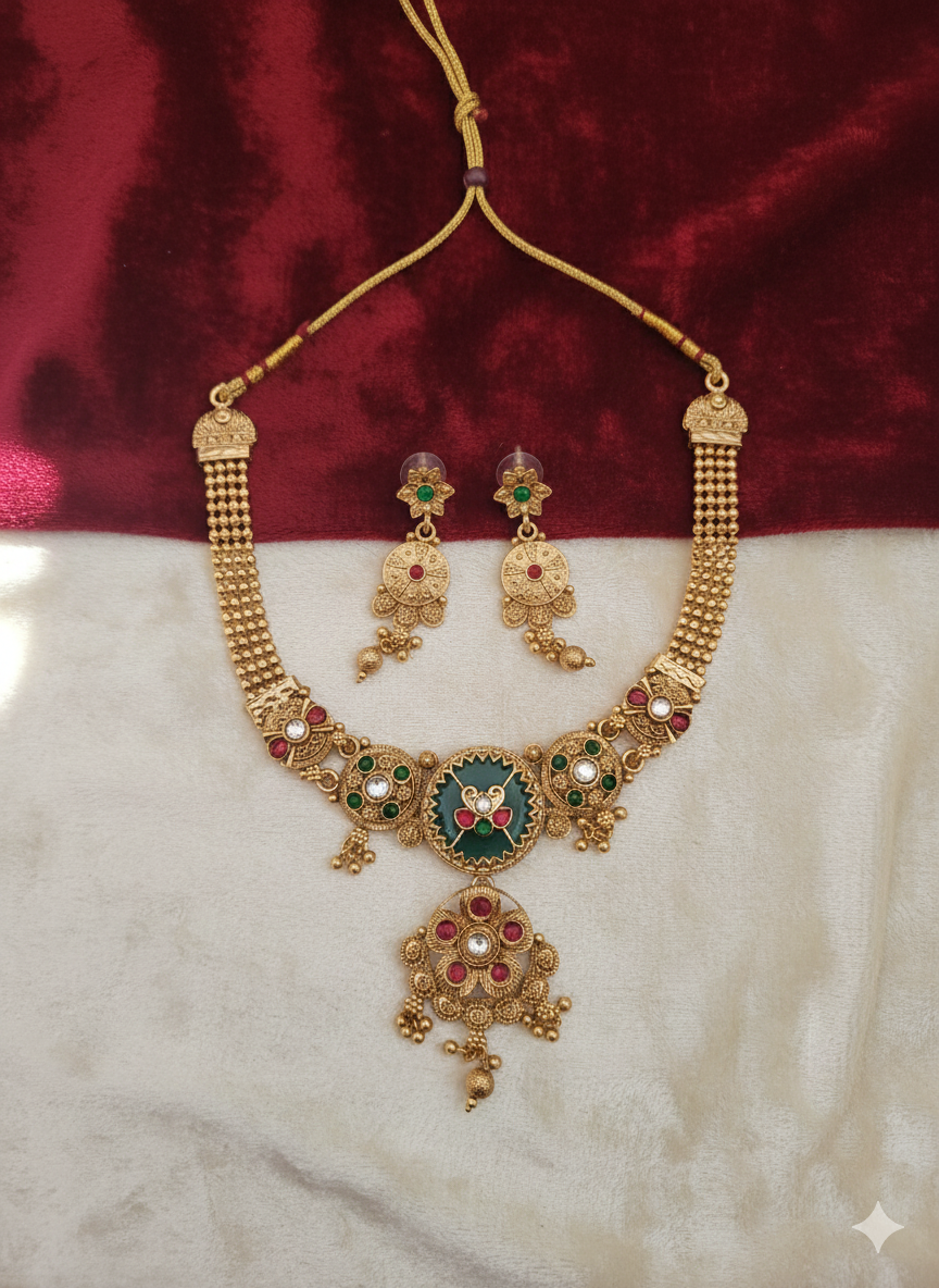 Brass Necklace- Premium Green & Red Stone