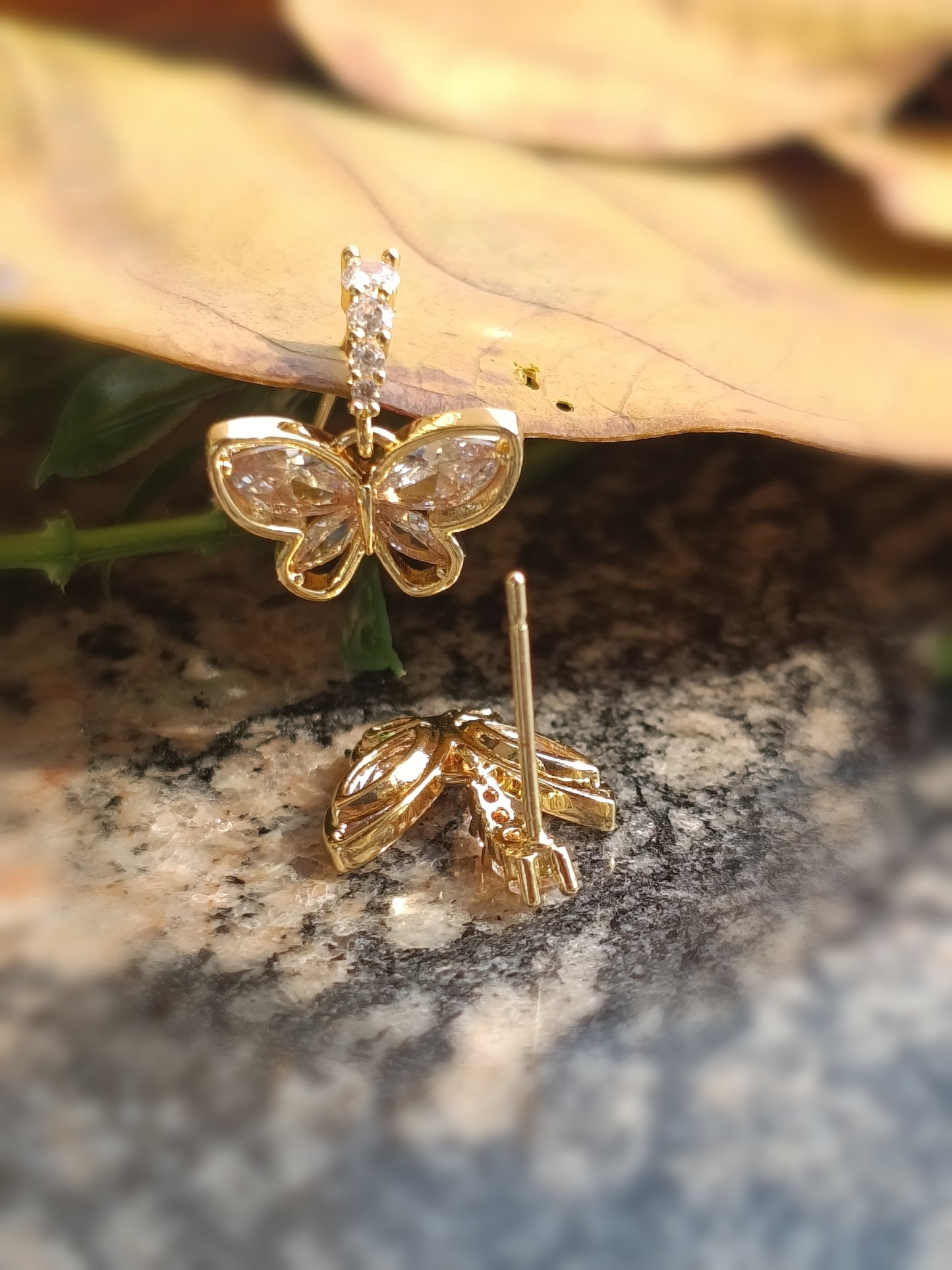 Anti Tarnish_Gold Plated Butterfly Dangle Hoop Earrings