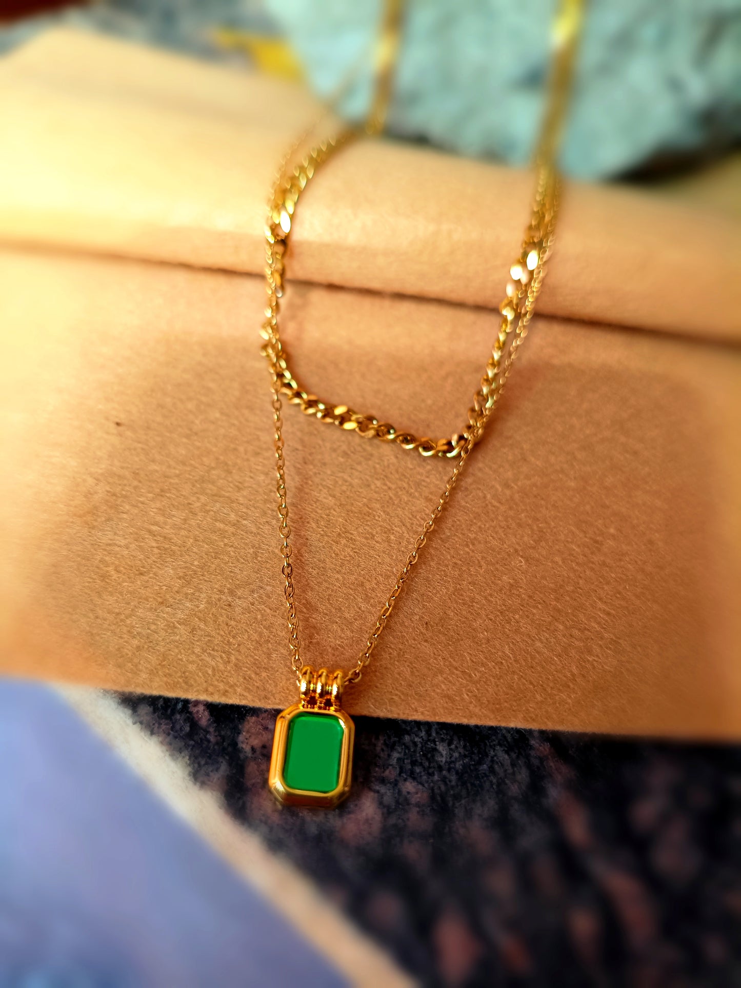 Anti Tarnish_Gold Plated Emerald Glow Layered Necklace