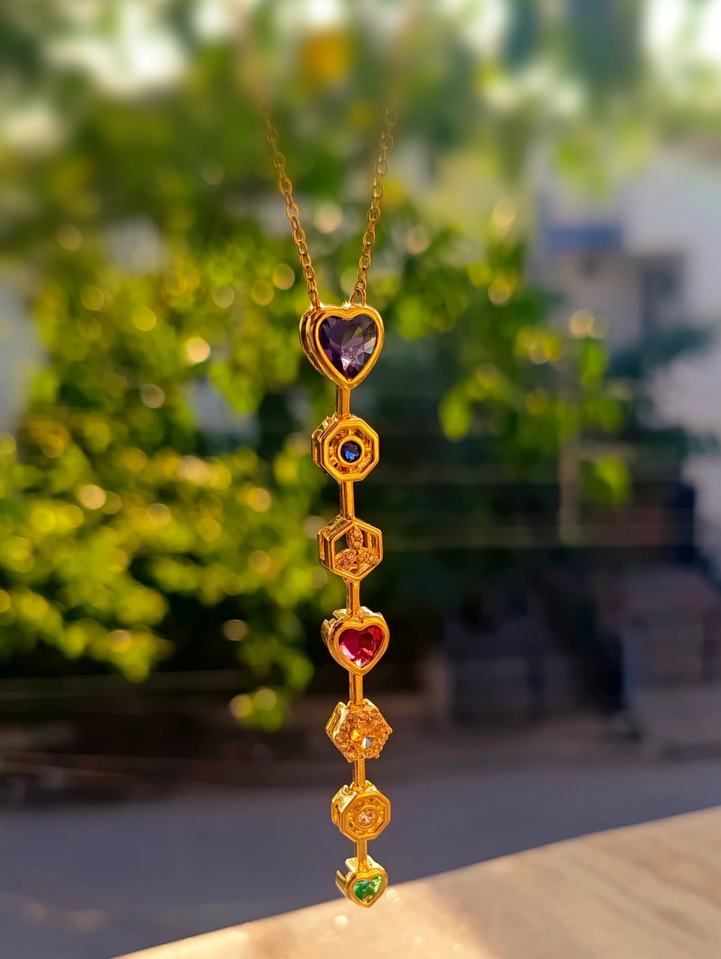 Anti Tarnish_Rainbow Stone Vertical Bar Necklace