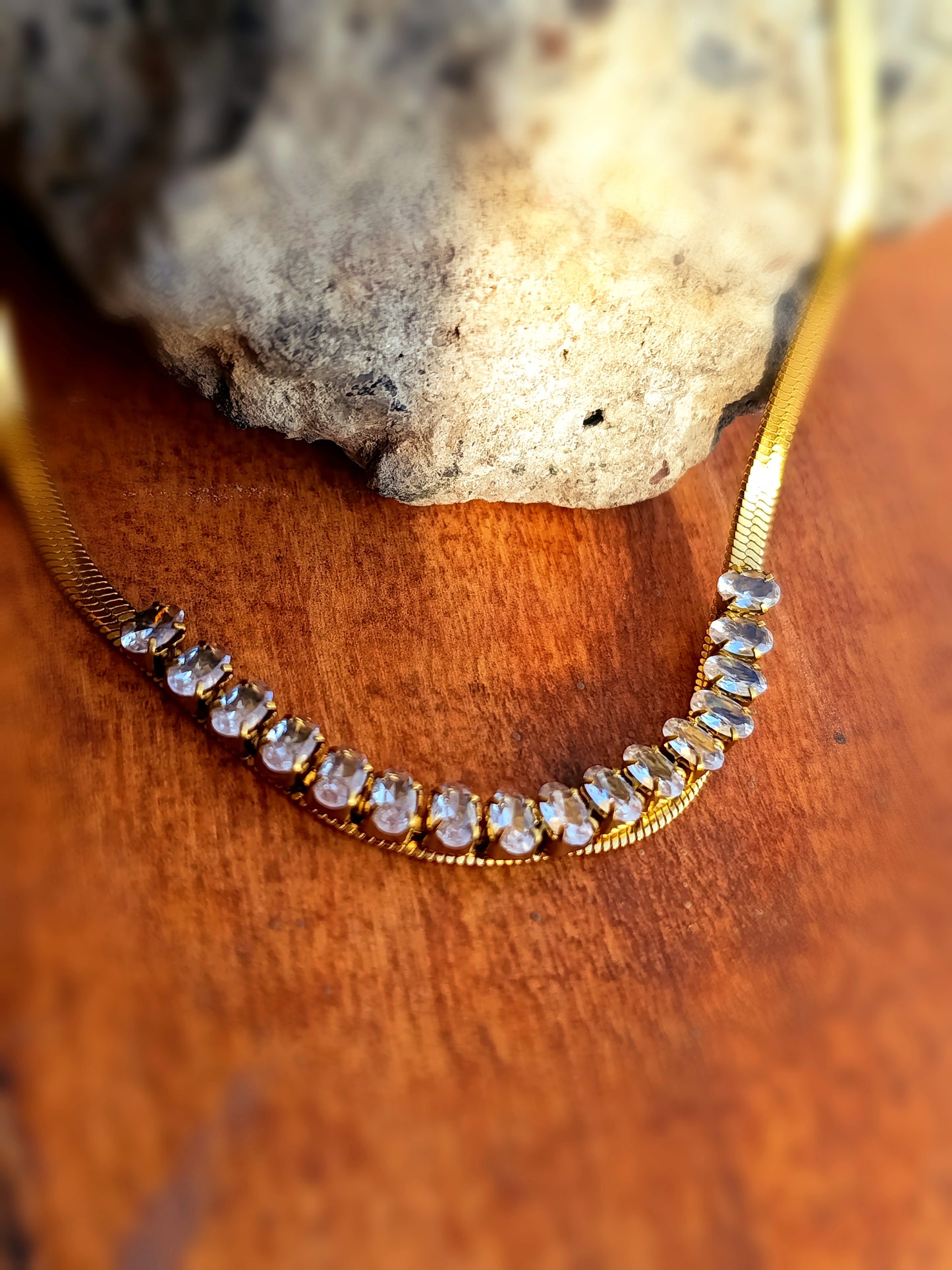 Anti Tarnish_Gold Plated white Crystal Snake Chain Necklace