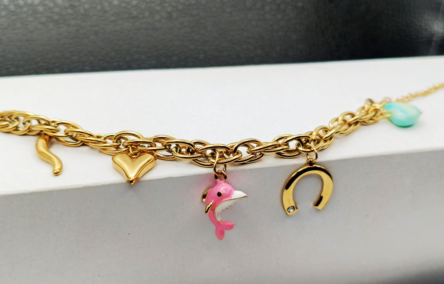Anti Tarnish_Gold-Plated Charm Bracelet With Dolphin Gems