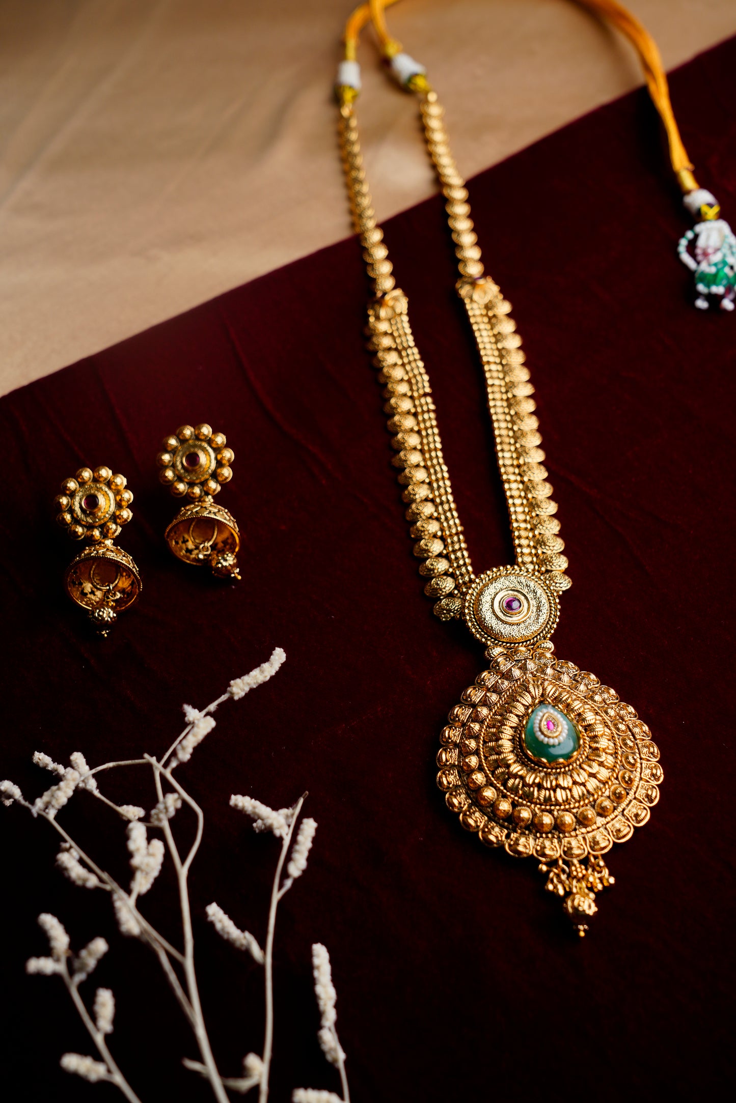 Brass_Heritage Style Gold Plated Long chain Necklace Set