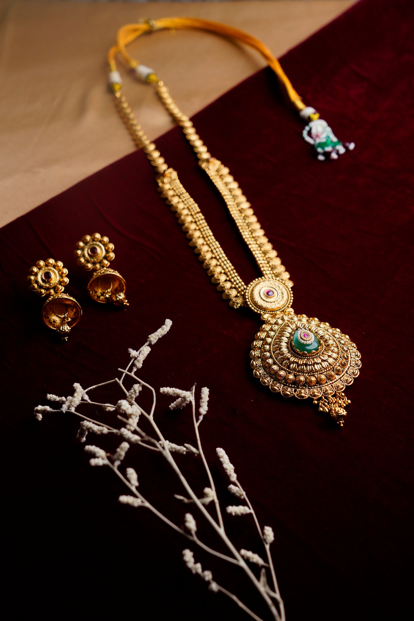 Brass_Heritage Style Gold Plated Long chain Necklace Set