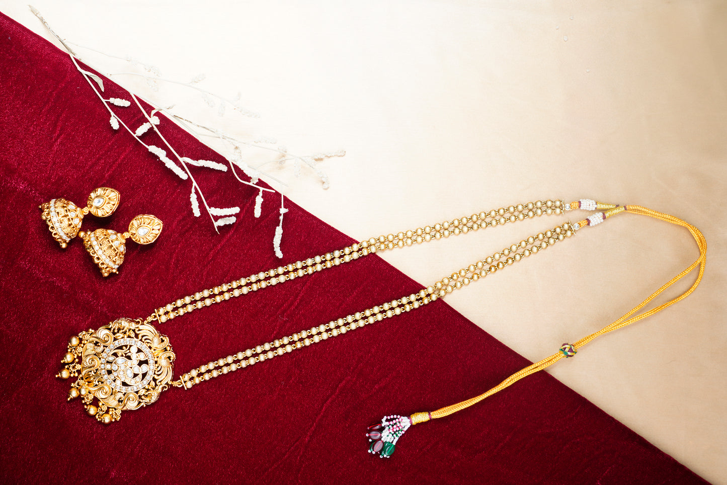 Brass_Gold Plated Paan Leaf Style long Chain Necklace Set