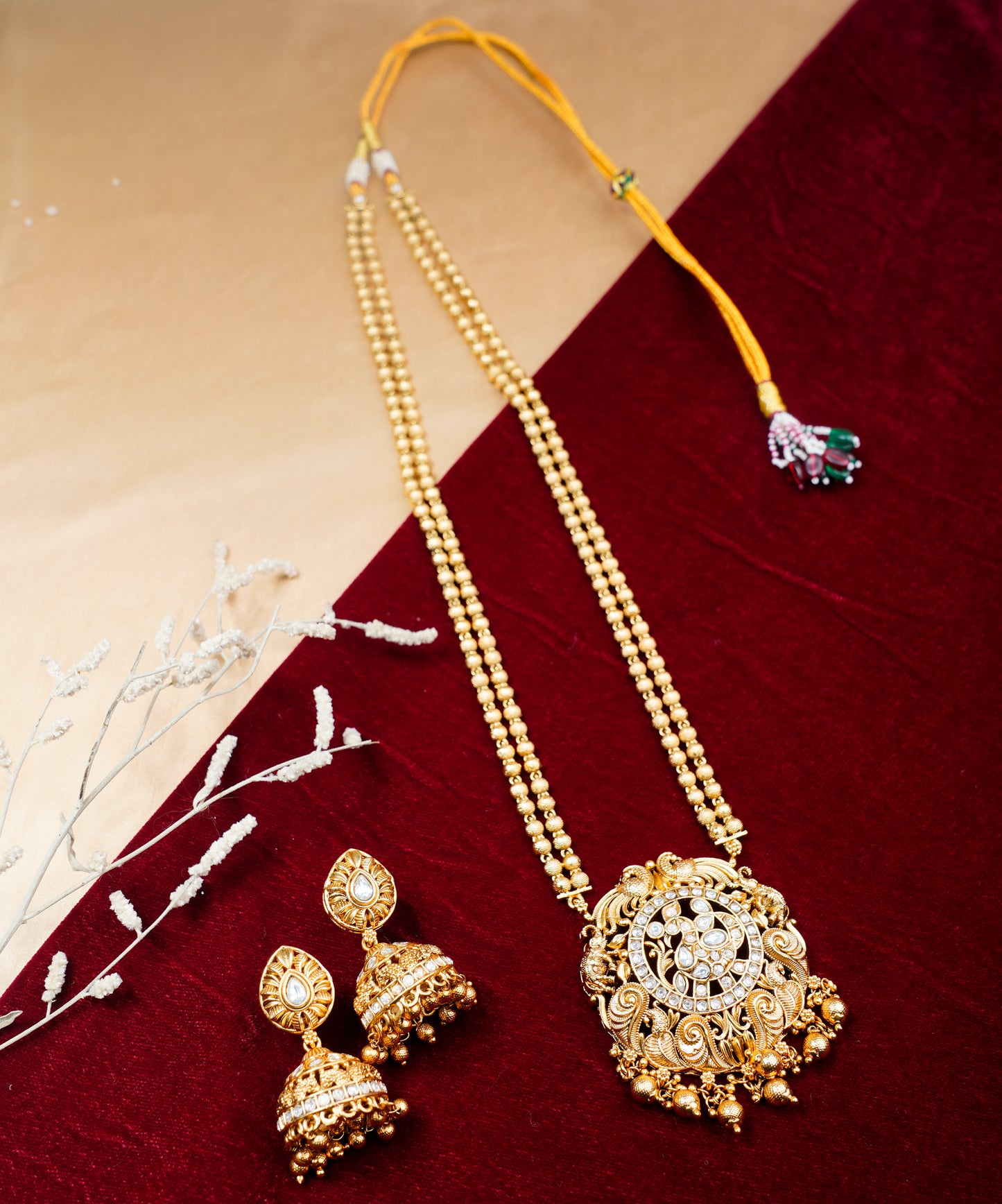 Brass_Gold Plated Paan Leaf Style long Chain Necklace Set