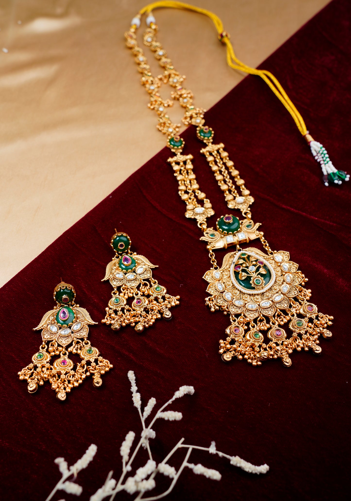 Brass_Gold Plated Rajwari Style Long Chain Necklace Set