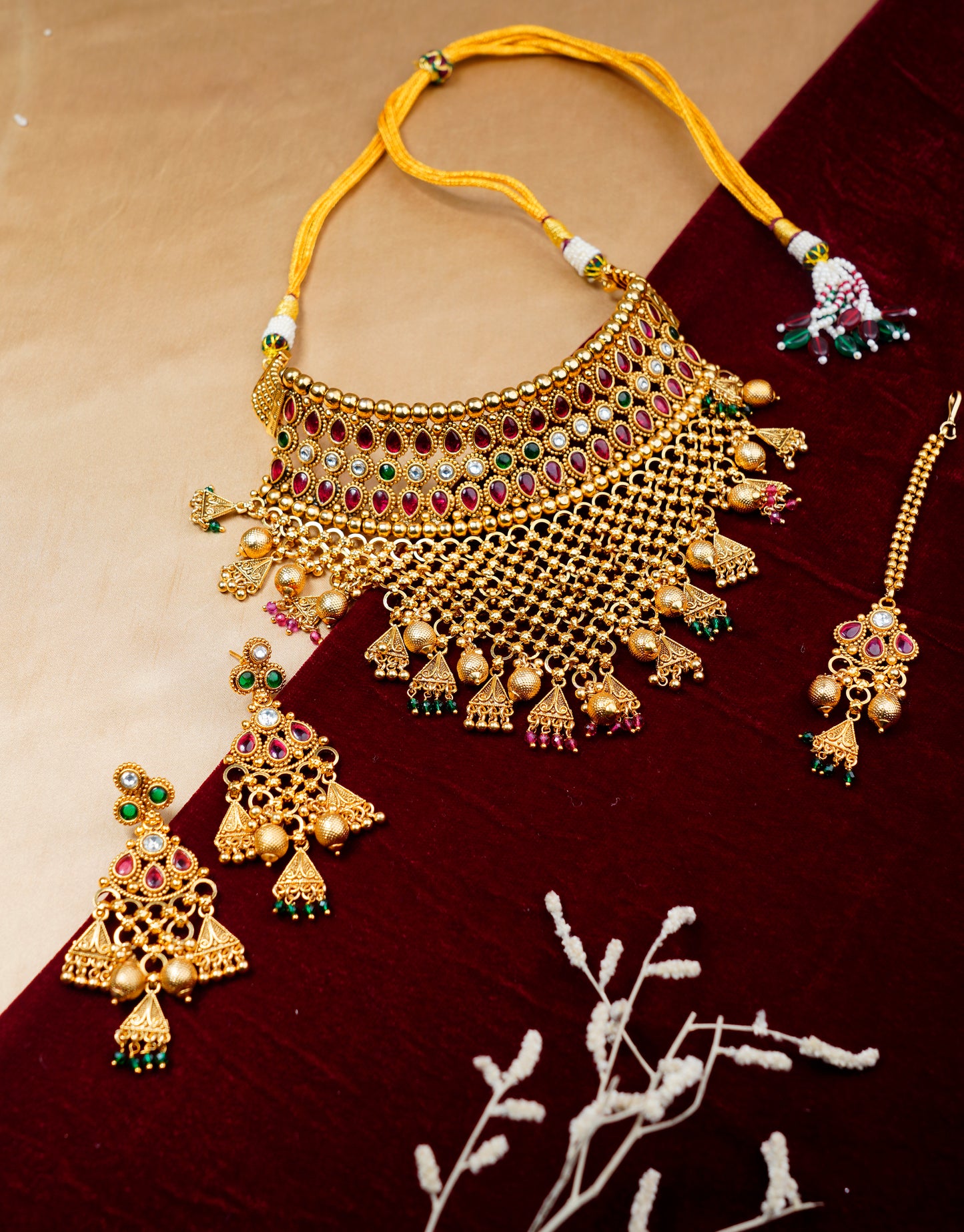Brass_Gold Plated Royal Rajwari Layyerd Necklace Set