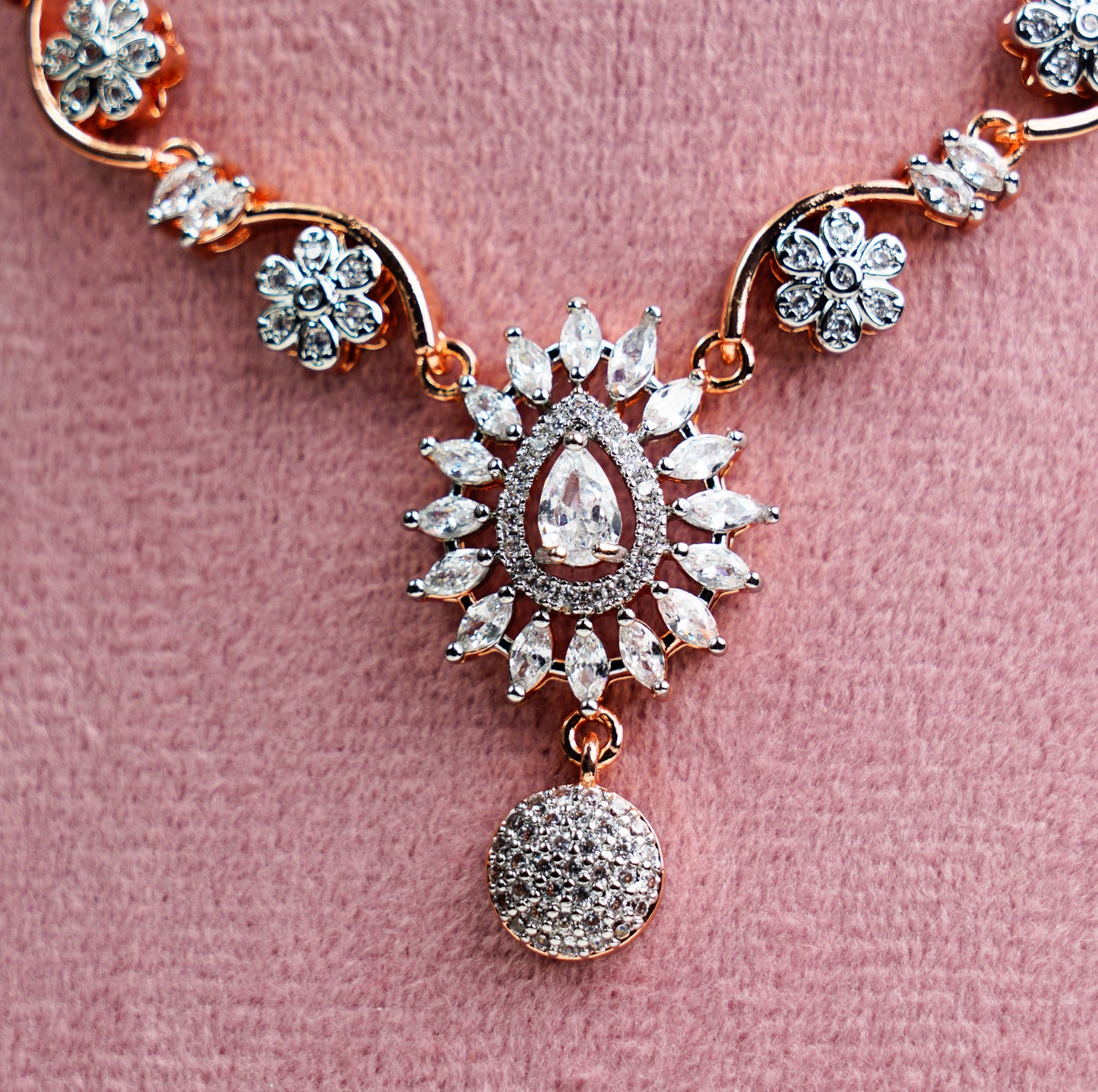 American Diamond_Silver Plated Flower Shape Necklace Set