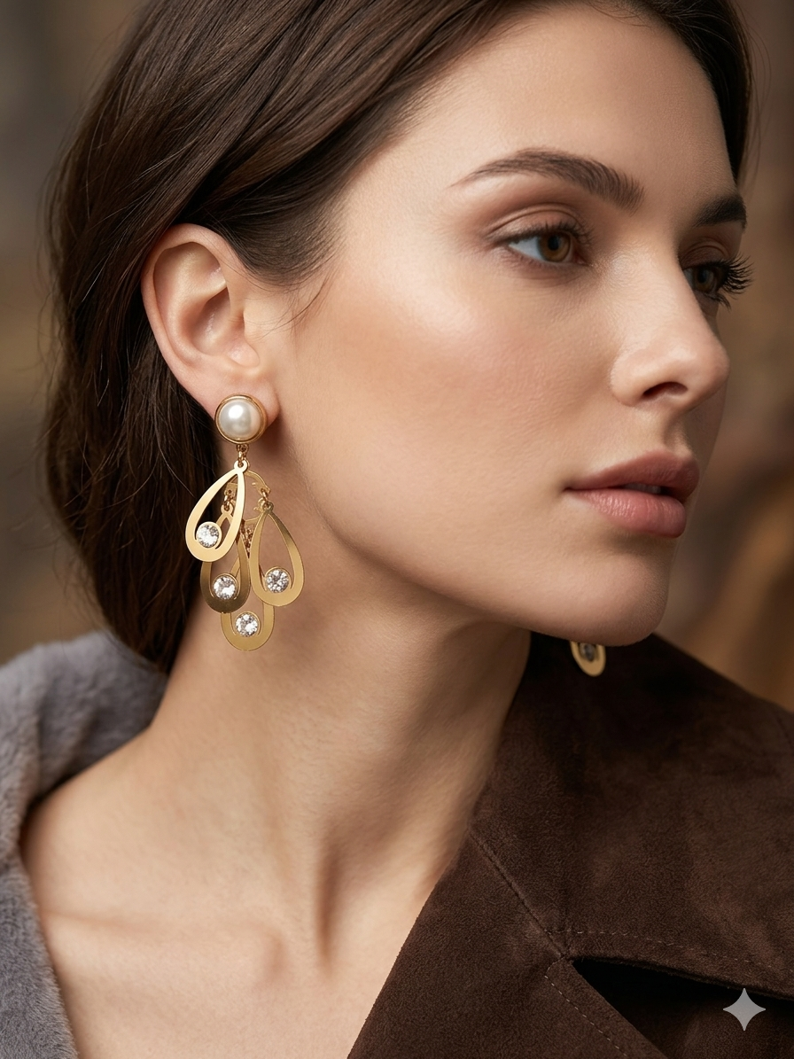 Anti Tarnish_Golden Pearl & Crystal Chandelier Earrings