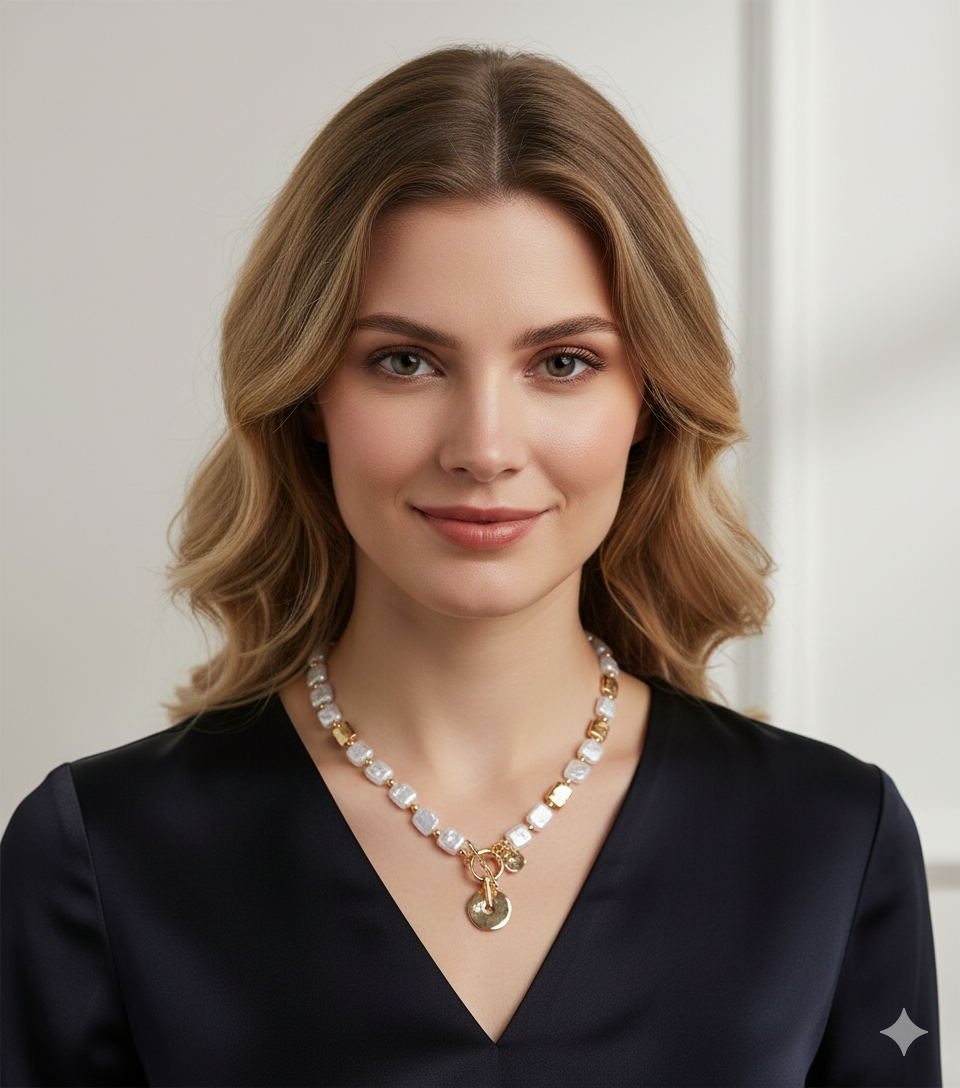 Anti Tarnish_Uncut Pearl Golden & white Stone Necklace