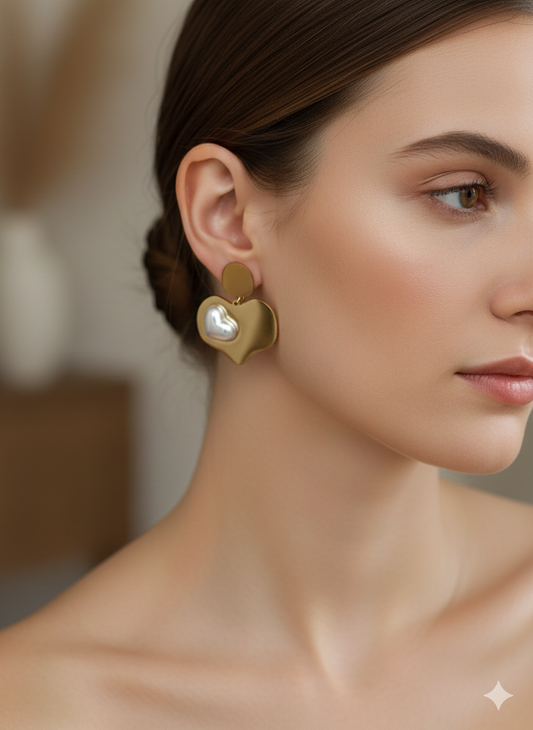 Gold-Plated Dangling Heart Earrings With Pearl