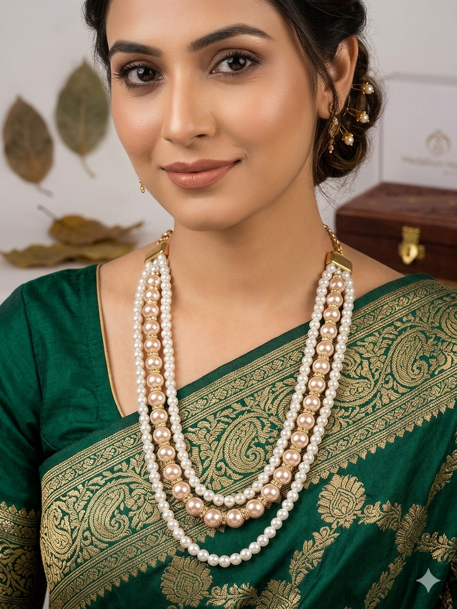 Royal White & Rose Gold Pearls Layered Necklace
