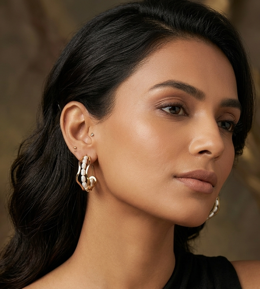 Anti Tarnish_Gold Plated With Pearls Wavy Hoop Earrings