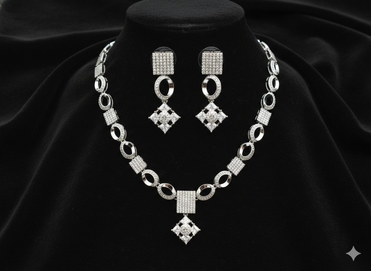 American Diamond_Square Shape Necklace Set