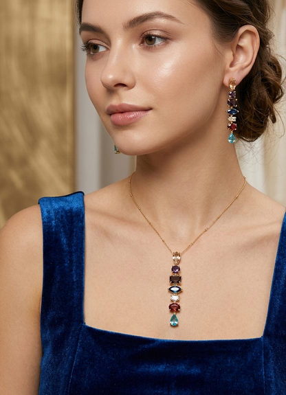 Anti Tarnish_Rainbow Gemstone Drop Pendant Necklace Set