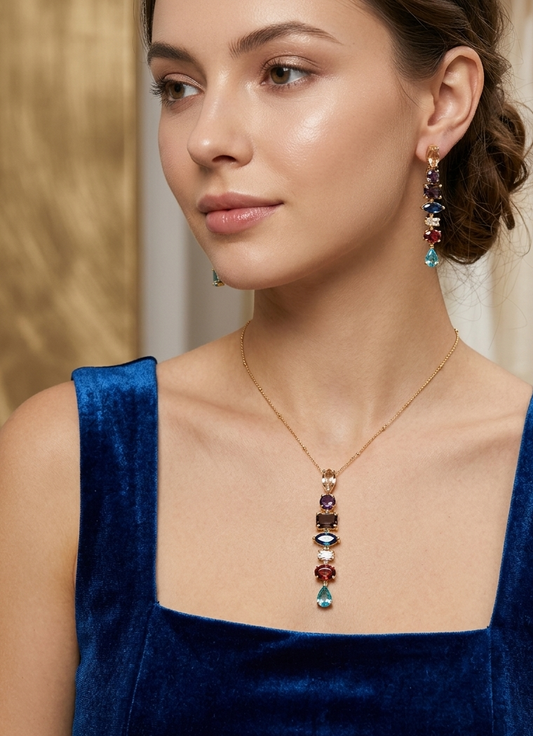 Anti Tarnish_Rainbow Gemstone Drop Pendant Necklace Set