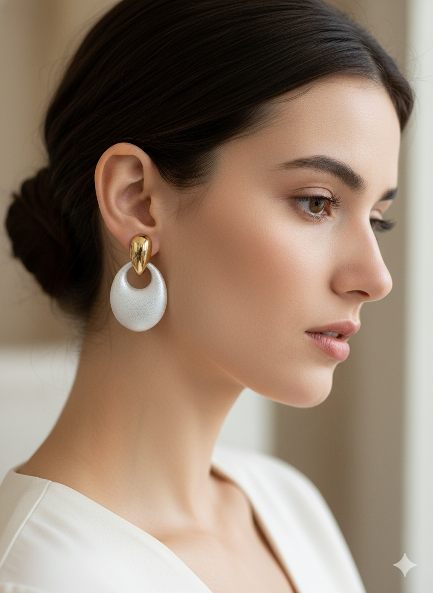 Gold Plated_Chunky White Oval Drop Earrings Set