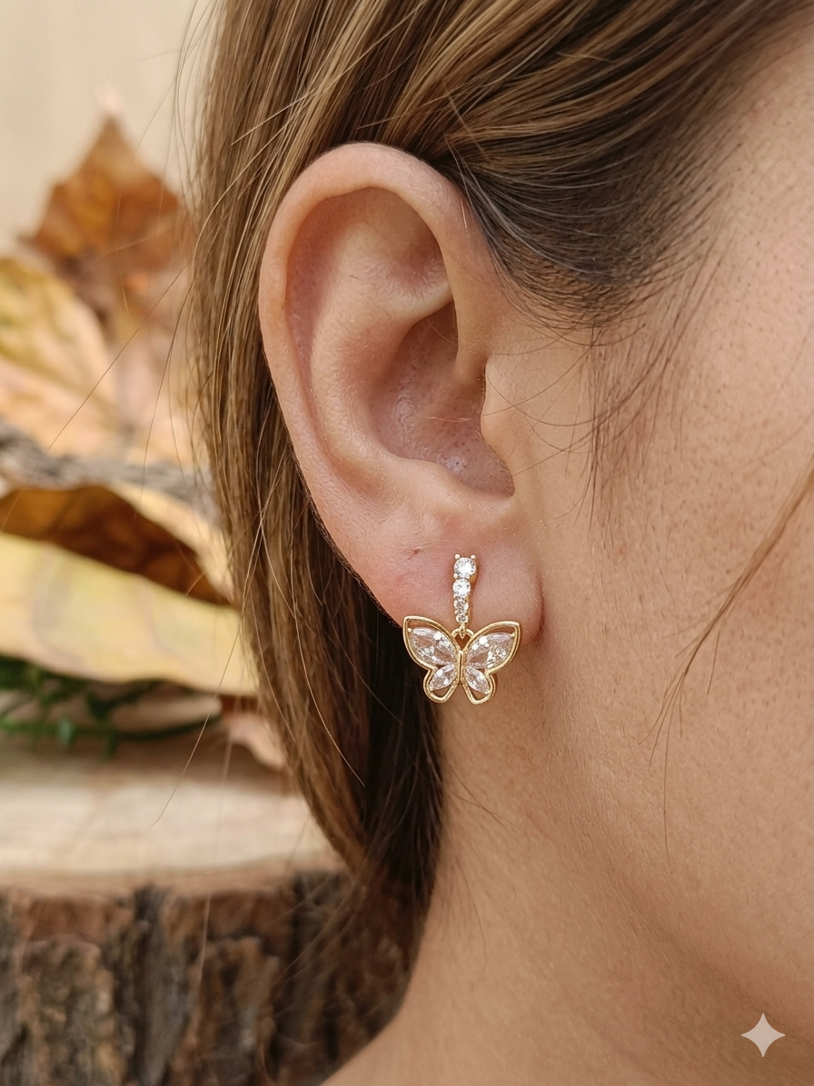 Anti Tarnish_Gold Plated Butterfly Dangle Hoop Earrings