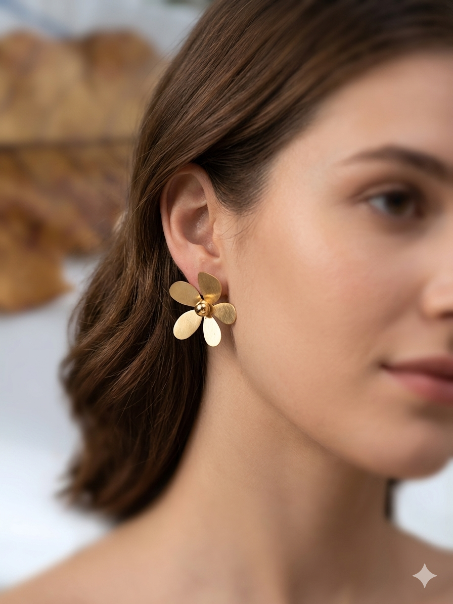 Anti Tarnish_Gold Plated Floral Dangler Earrings
