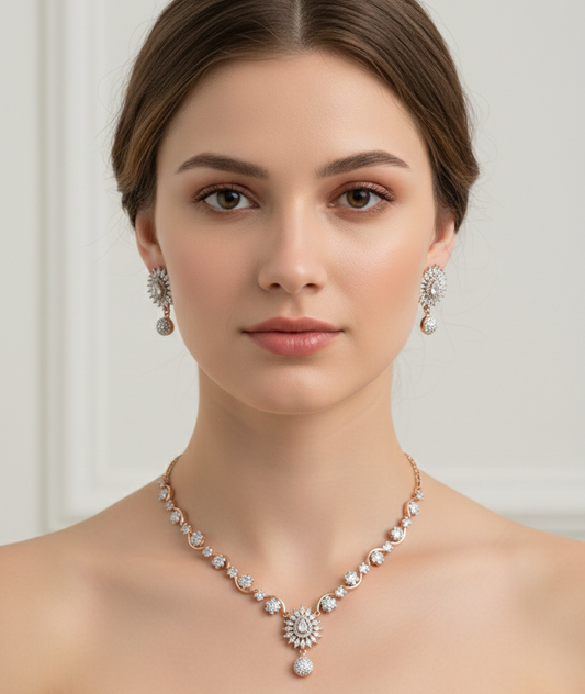 American Diamond_Silver Plated Flower Shape Necklace Set