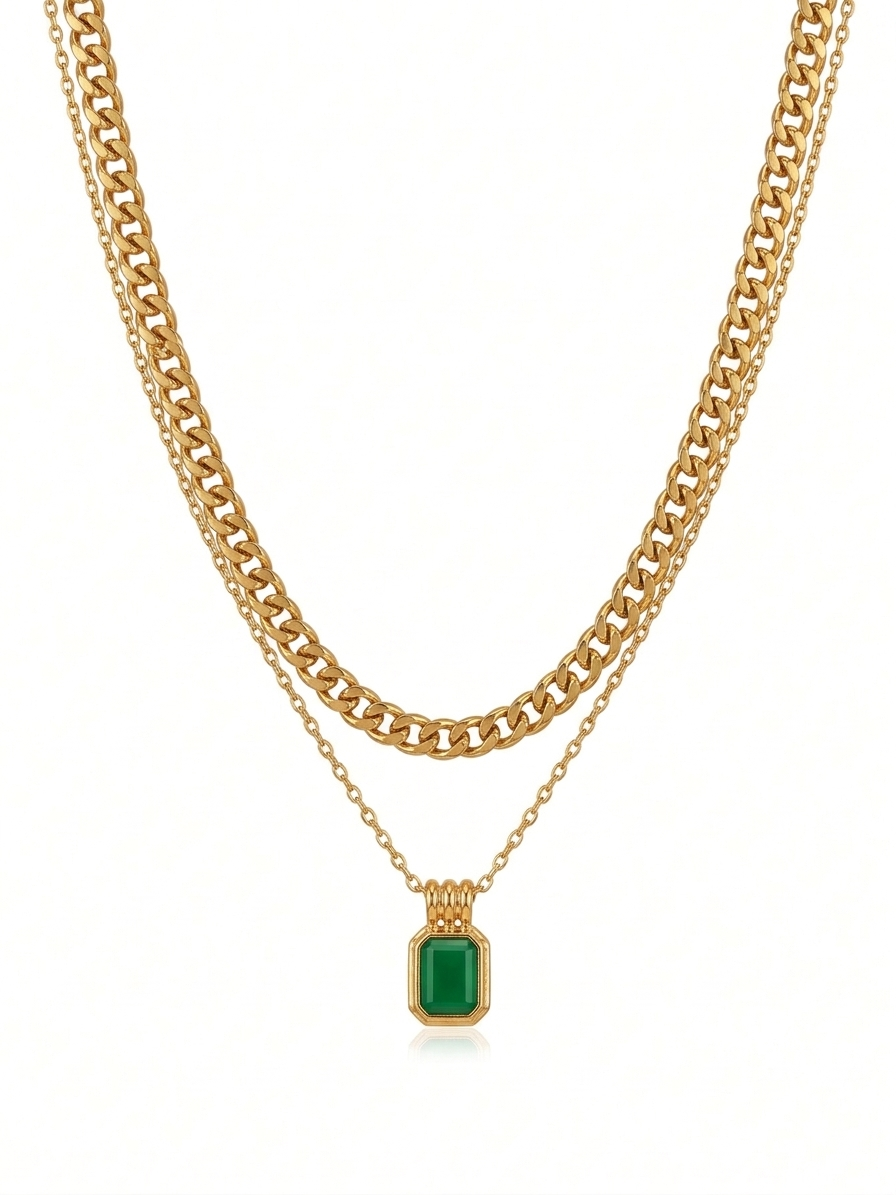 Anti Tarnish_Gold Plated Emerald Glow Layered Necklace