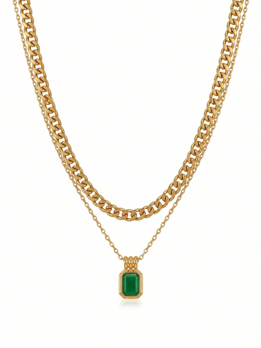 Anti Tarnish_Gold Plated Emerald Glow Layered Necklace