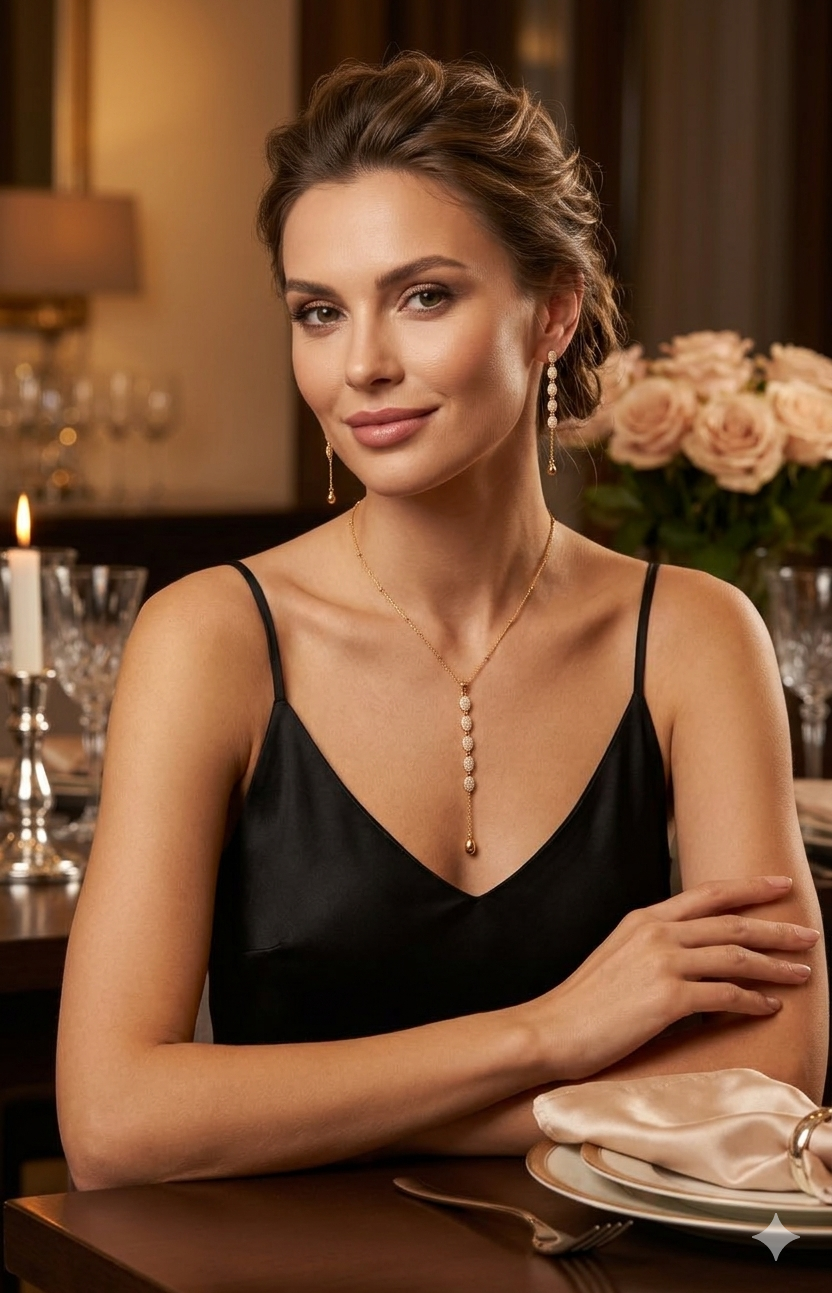 Anti Tarnish_Gold Lariat-Style Pendant Necklace Set
