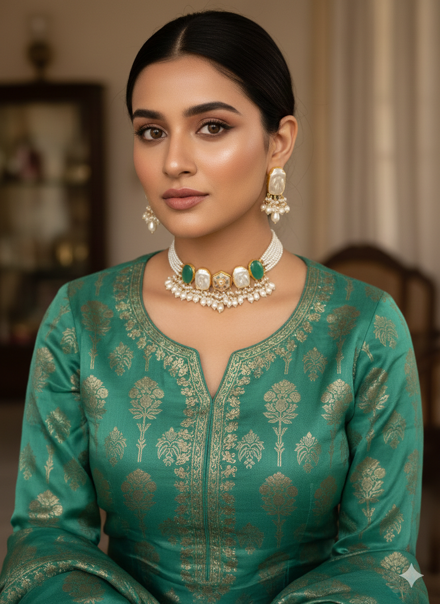 Gold Plated_Uncut Stone Choker Jewellery set