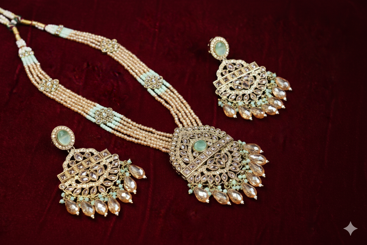Kundan Polki_Crystal Pearl Long Chain Necklace Set
