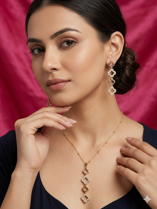 Anti Tarnish_Gold Plated Clover Pendant Necklace Set
