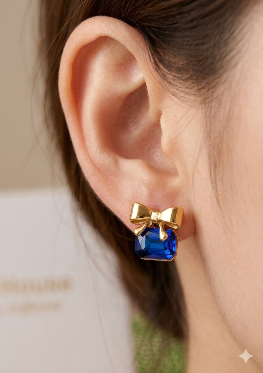 Anti Tarnish_Cubic Gemstone Bow Stud Earrings