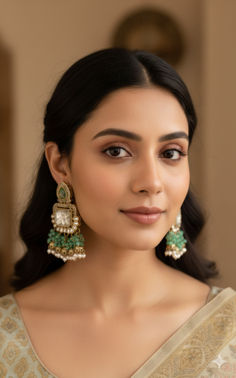 Kundan Polki White Stone & Green pistachio Pearl Earring