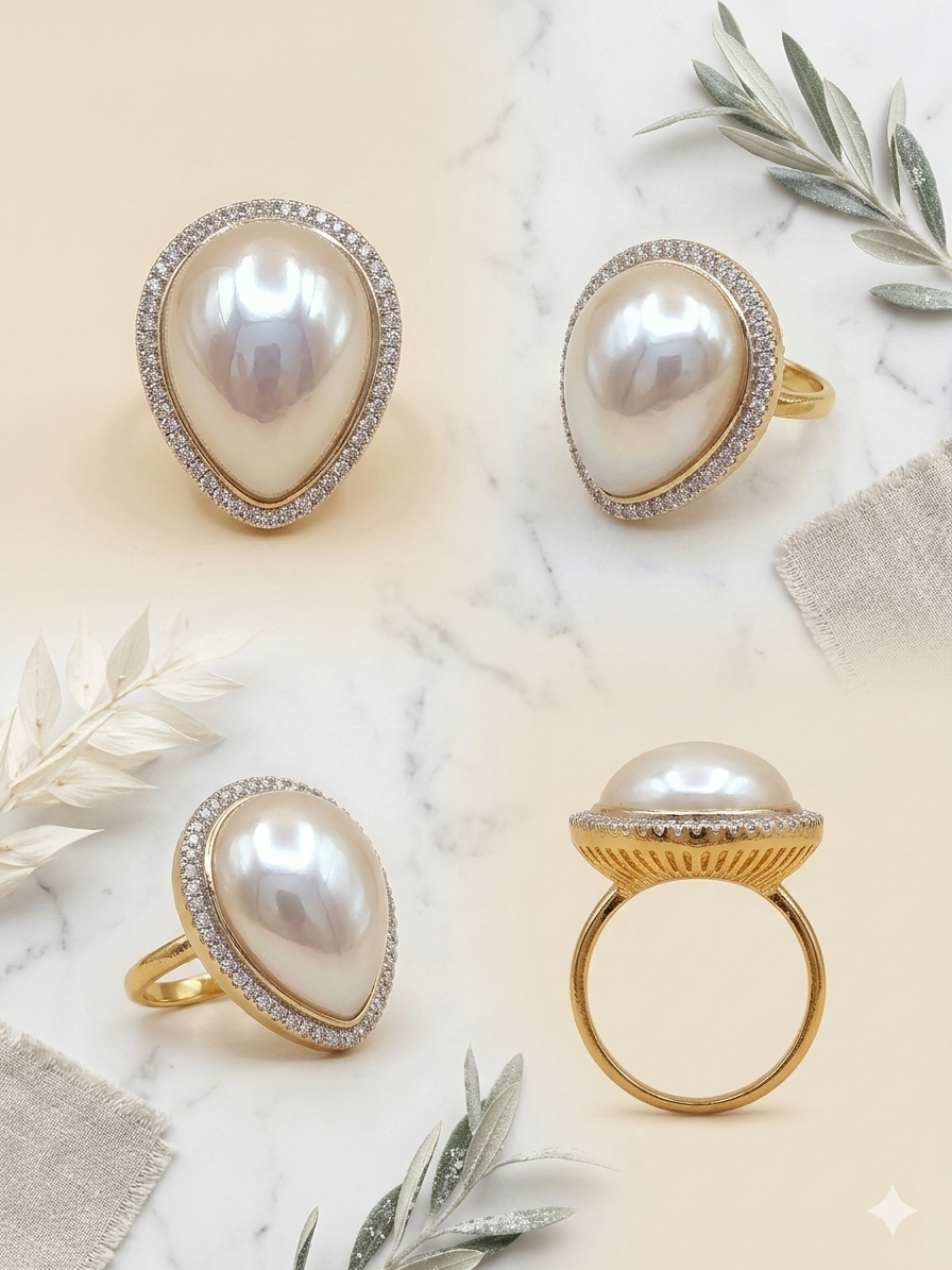 Gold Plated_Drop Shape Pearl Studded Ring