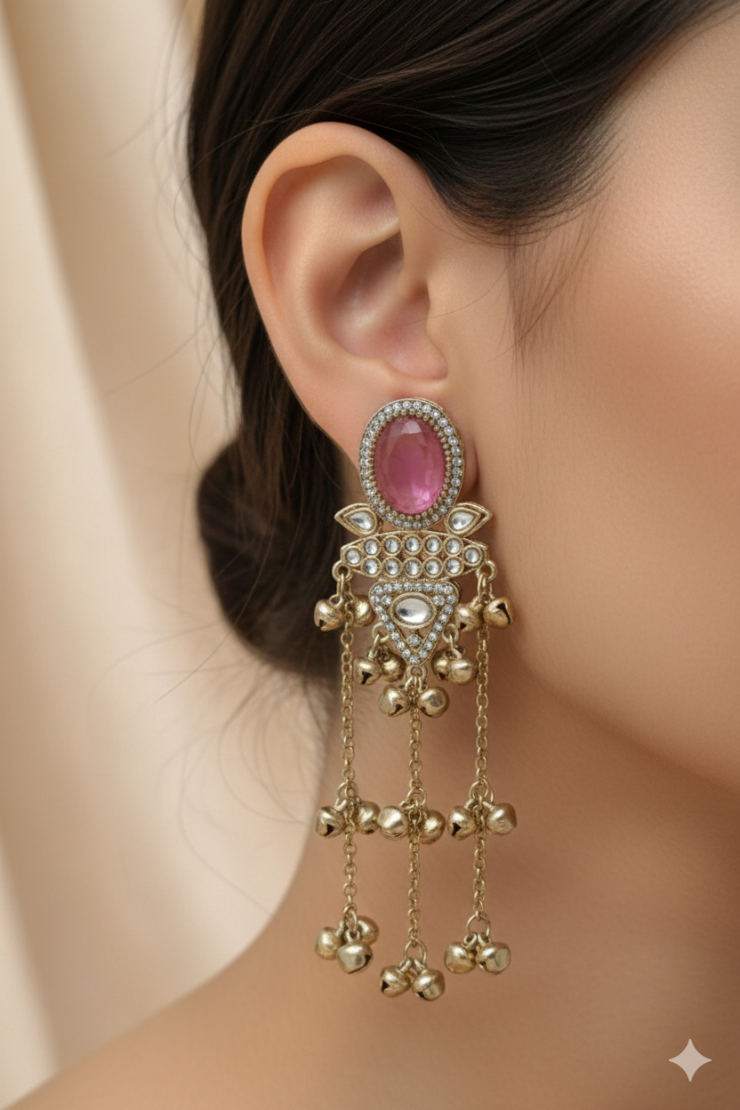 Pink Stone Kashmiri Jhumka Earrings