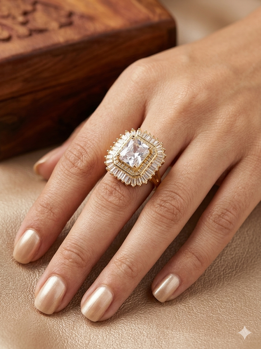 Gold Plated_Emerald Cut Moissanite Halo Ring