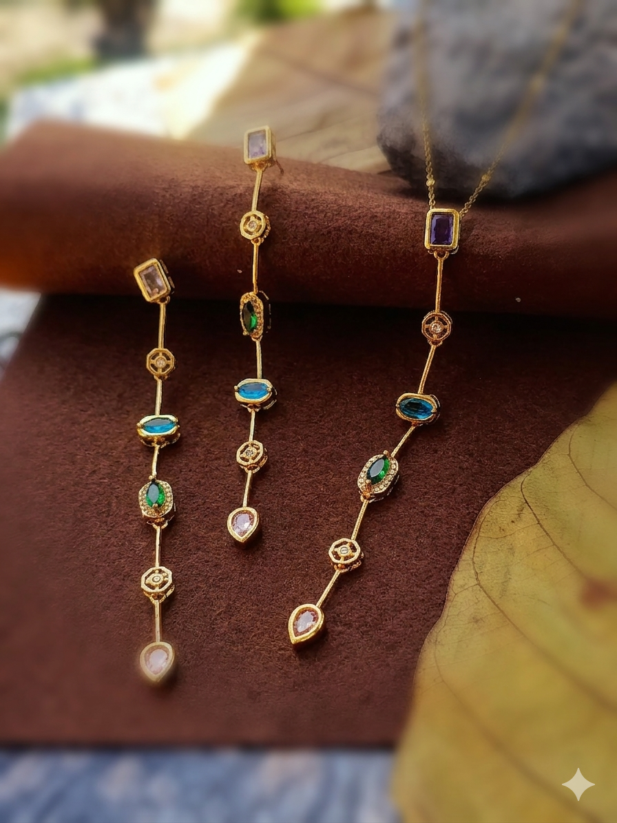 Anti Tarnish_Gold Plated Multi Gemstone Vertical Pendant Set