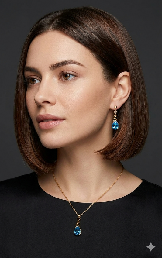 Anti Tarnish_Blue Topaz Teardrop Pendant Necklace Set