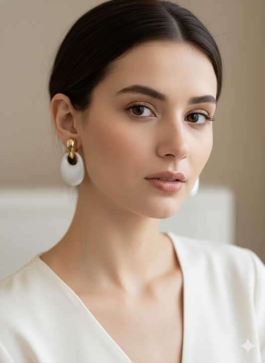 Gold Plated_Chunky White Oval Drop Earrings Set