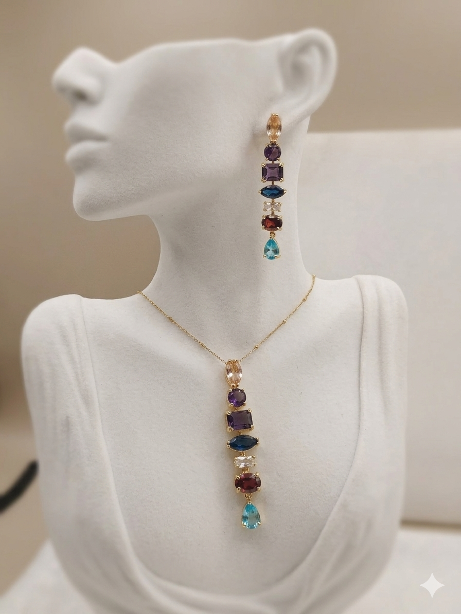 Anti Tarnish_Rainbow Gemstone Drop Pendant Necklace Set