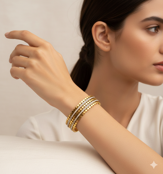 Anti Tarnish - Golden Round Stone Bangle Bracelet
