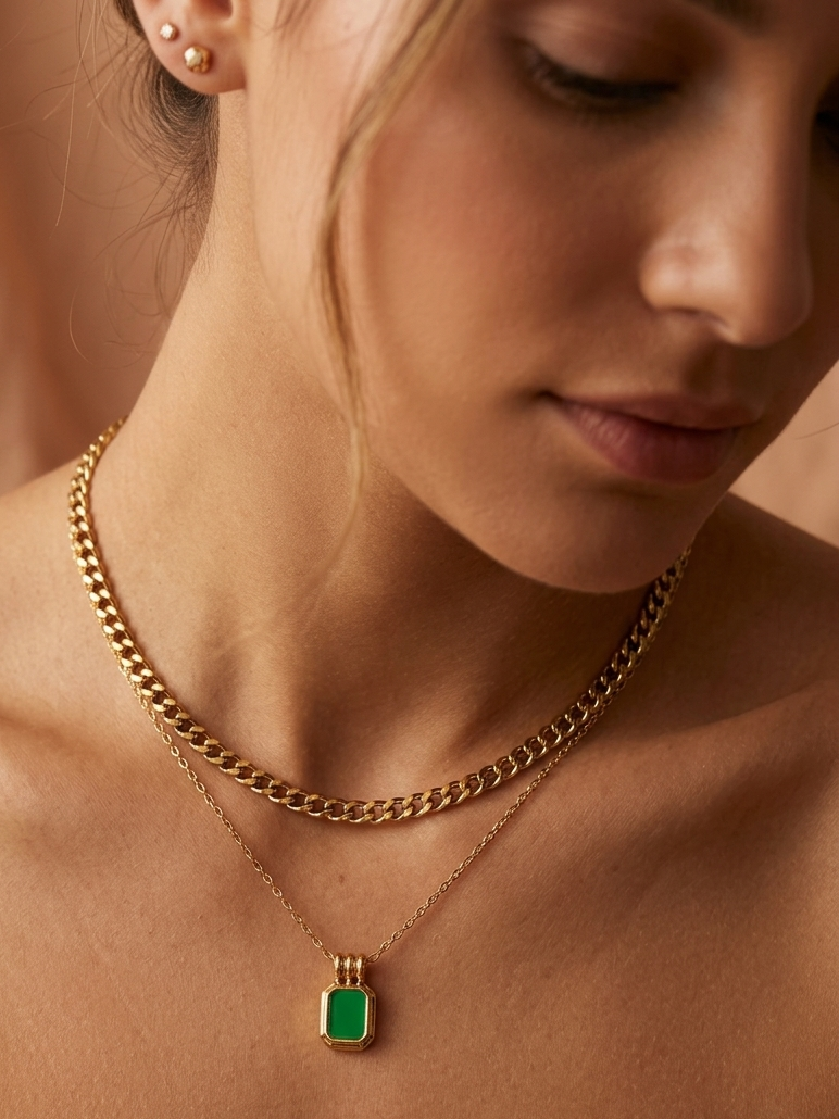 Anti Tarnish_Gold Plated Emerald Glow Layered Necklace