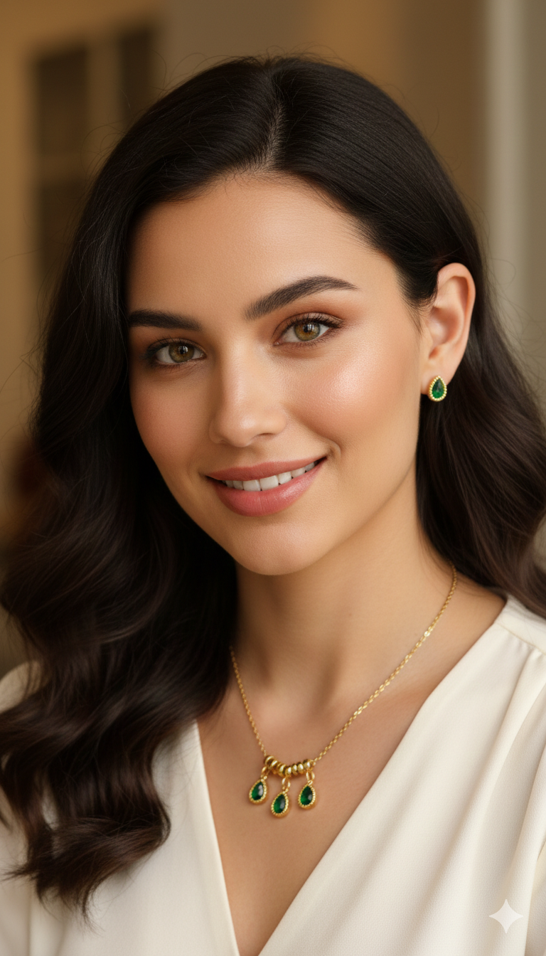 Gold Plated Green Heart Pendant Necklace Set