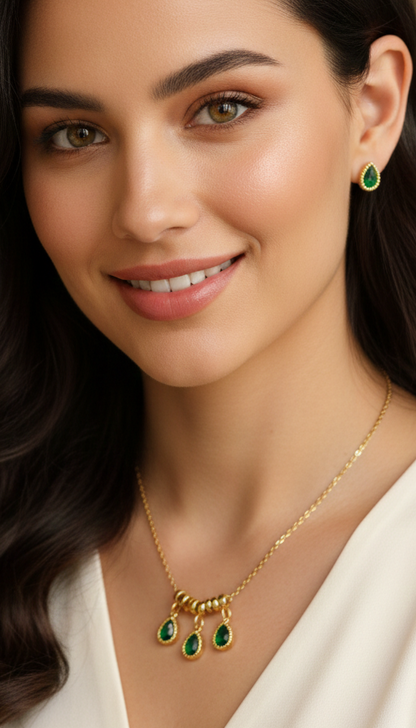 Gold Plated Green Heart Pendant Necklace Set
