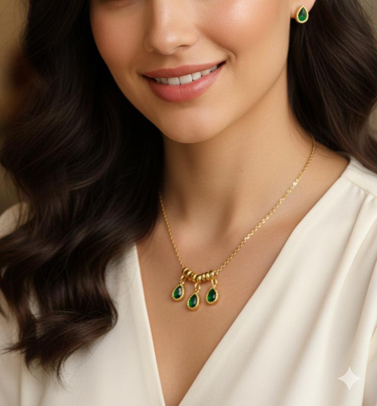 Gold Plated Green Heart Pendant Necklace Set