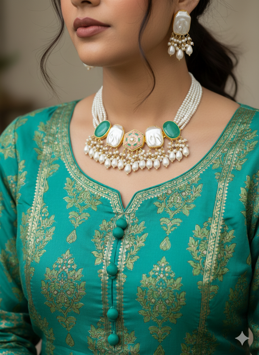Gold Plated_Uncut Stone Choker Jewellery set