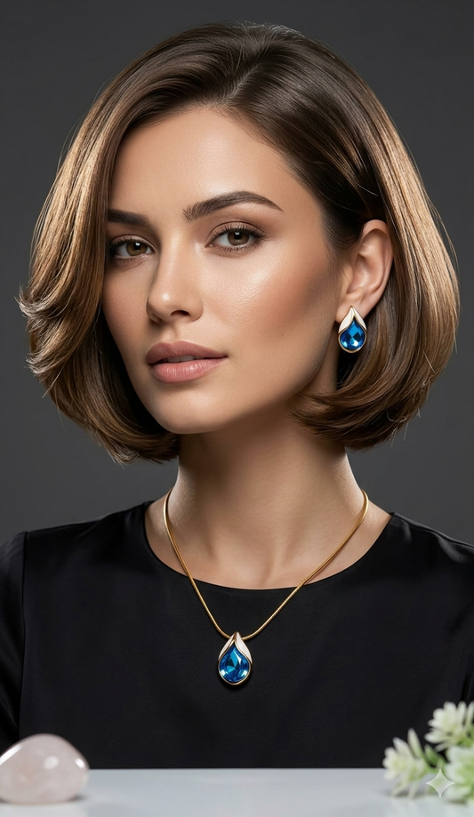 Anti Tarnish_Teardrop-Shaped Blue Stones Necklace Set