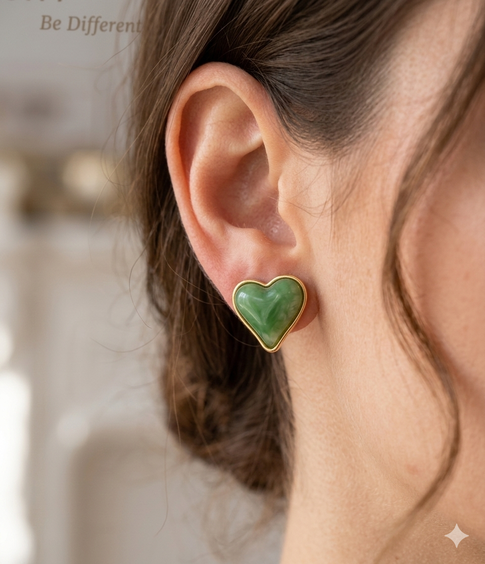 Anti Tarnish_Gold Plated Heart-shaped Jade Stud Earrings